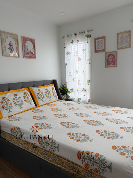 Genda Phool Hand Block Printed Fitted Bedsheet | Gulpankh Canada
