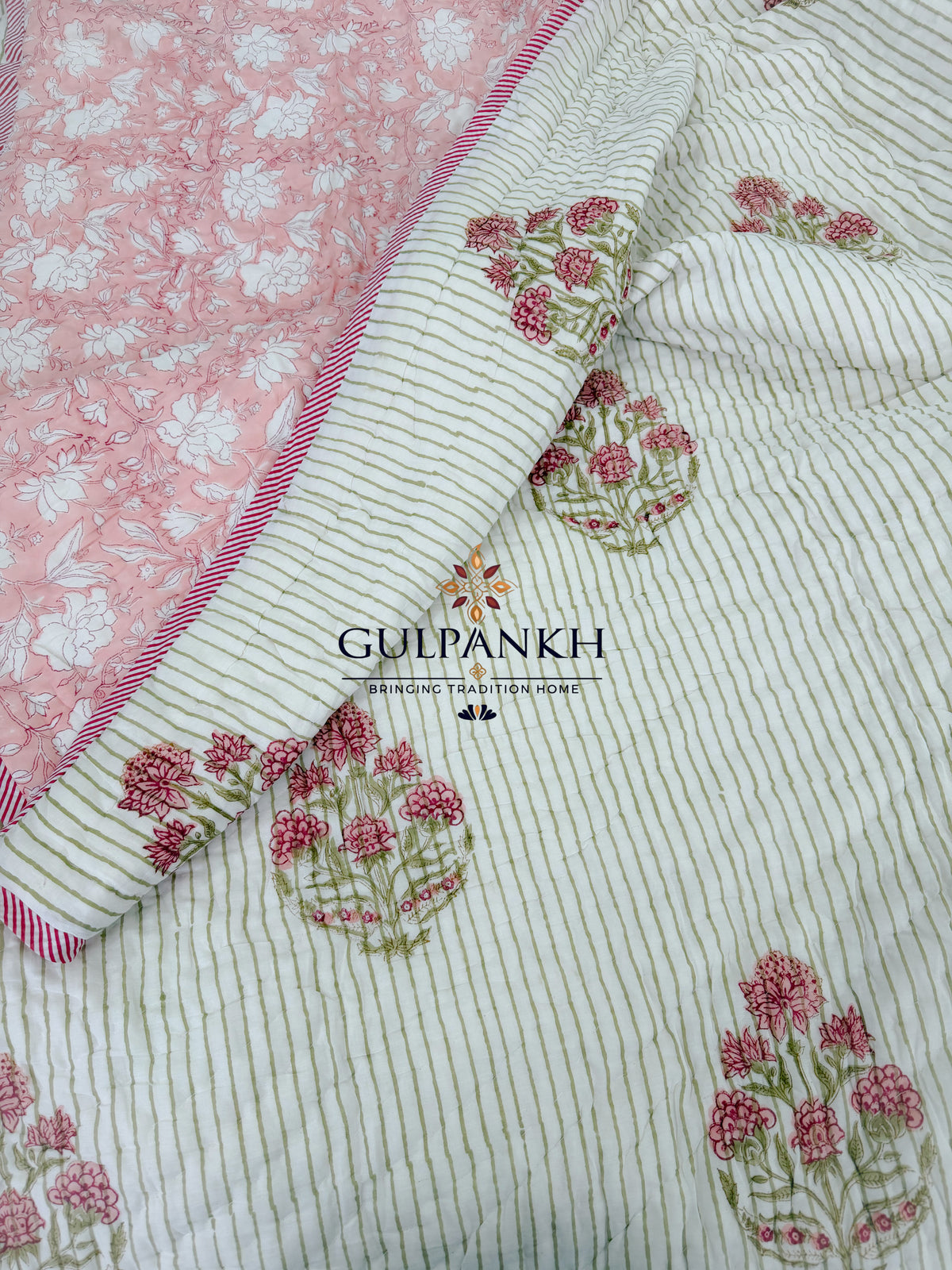 Hand Block Printed Reversible Cotton Quilt - Blush Stripe Garden | Gulpankh Canada