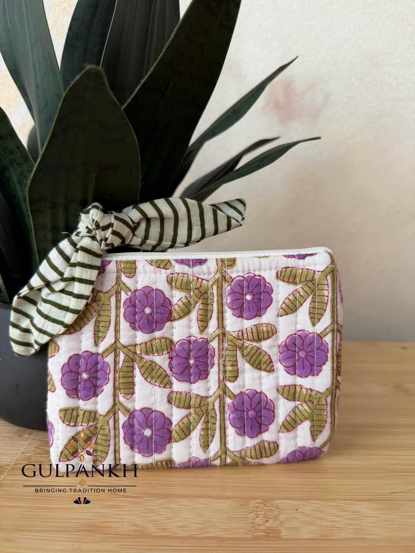 Hand Block Printed Quilted Flat Pouch – Lavender Vine Blossom | Gulpankh Canada