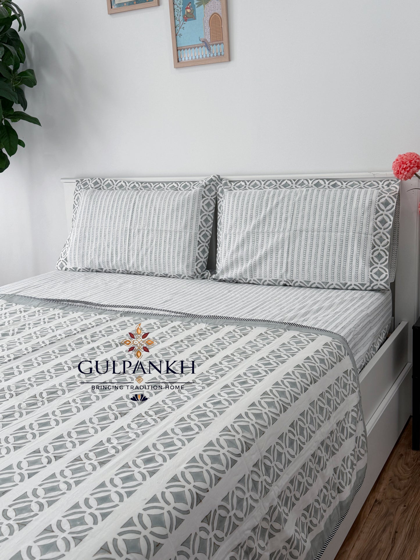 Hand Block Printed Cotton King Fitted Bedsheet with Matching Dohar - Sage Grey Luxe | Gulpankh Canada