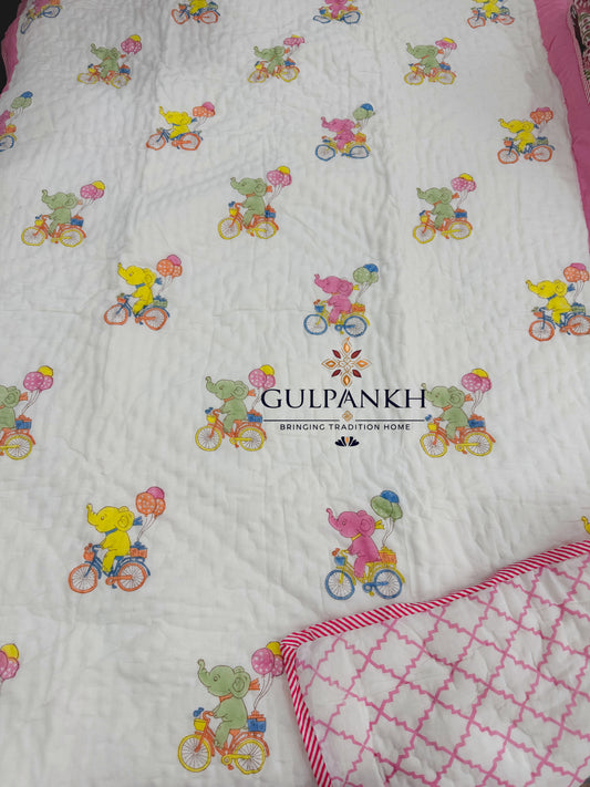Hand Block Printed Baby Cotton Quilt - Balloon Bicycle Parade | Gulpankh Canada