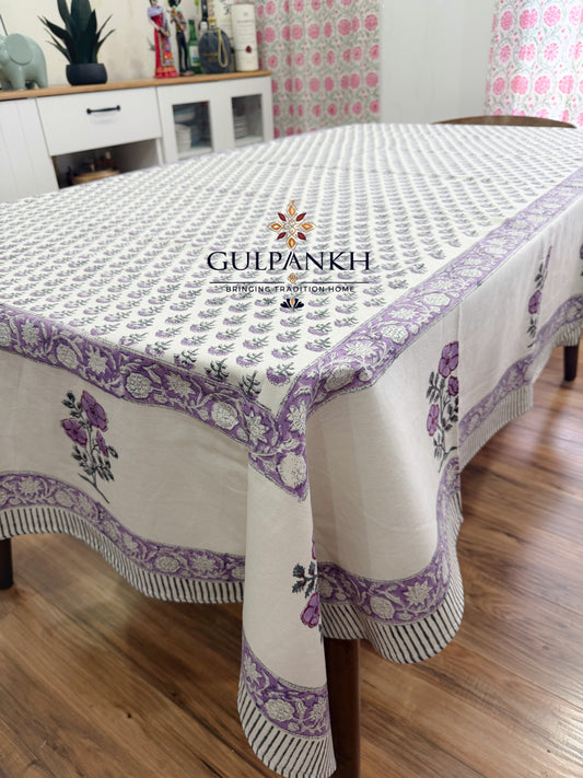 Hand Block Printed Cotton Table Cover - Lavender Meadow Bloom | Gulpankh Canada