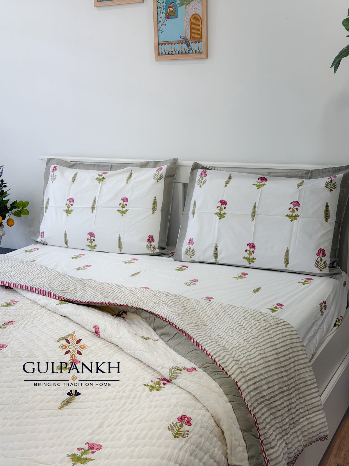 Hand Block Printed Cotton Bedding Queen Set with Quilt - Gulabi Meher Garden | Gulpankh Canada