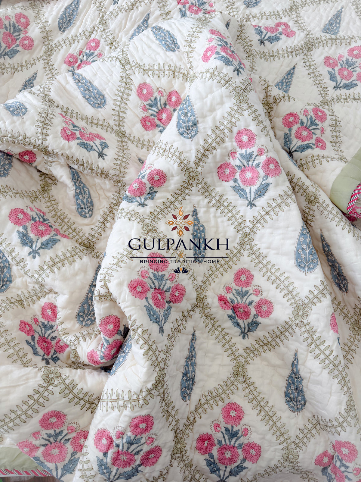 Reversible Hand Block Printed Cotton Quilt - Rosé Jharokha Bloom | Gulpankh Canada