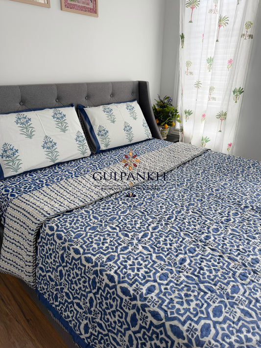 Hand Block Printed Cotton Bedding Queen Set with Quilt - Indigo Rajvaadi Trellis | Gulpankh Canada