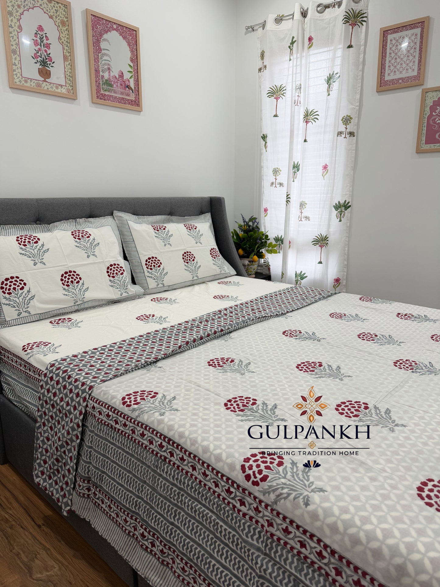 Ruby Garden Hand Block Printed Cotton Bedsheet with Matching Duvet Cover | Gulpankh Canada