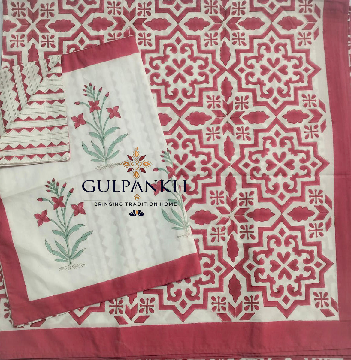 Hand Block Printed 100% Cotton King Fitted Bedsheet – Rose Heritage Tile | Gulpankh Canada