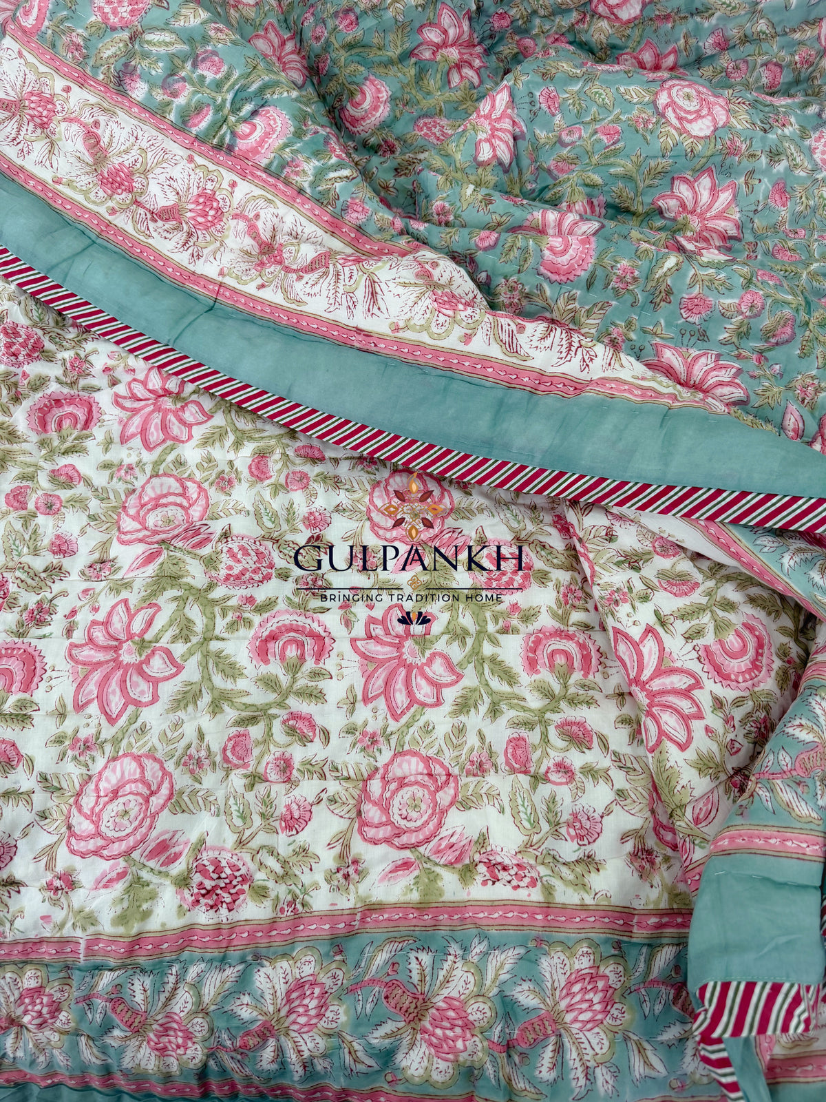 Hand Block Printed Reversible Cotton Quilt - Rose Sage Grove | Gulpankh Canada