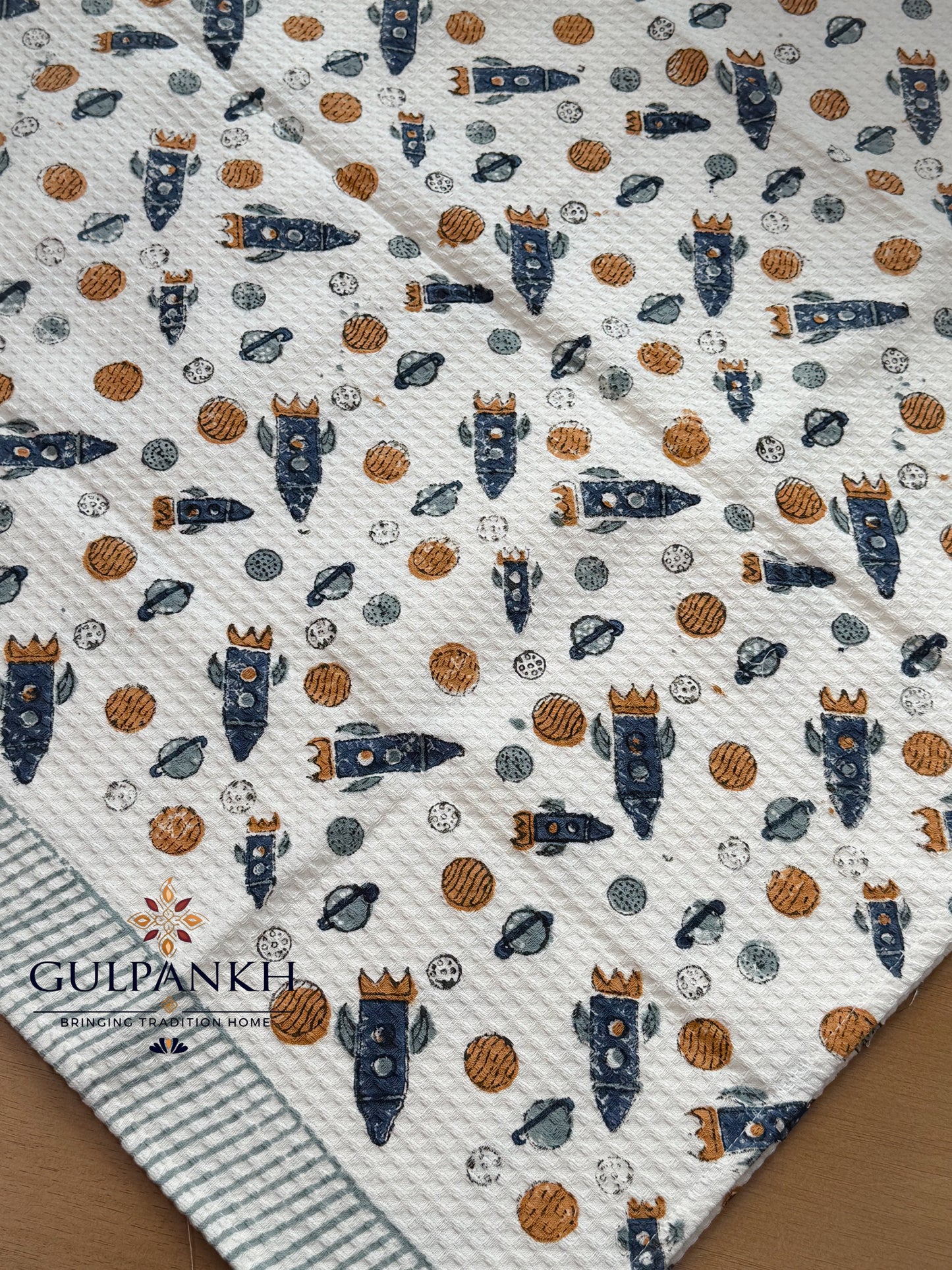 Cosmic Rockets Hand Block Printed Waffle Cotton Towel | Gulpankh Canada
