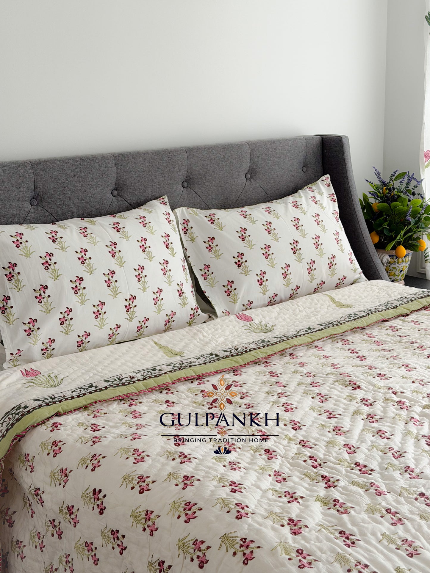 Hand Block Printed Cotton Quilt - Gulnaar Tulip Bloom | Gulpankh Canada