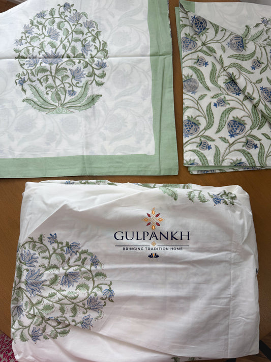 Hand Block Printed King Fitted Bedsheet - Viraasat Bloom Sage | Gulpankh Canada