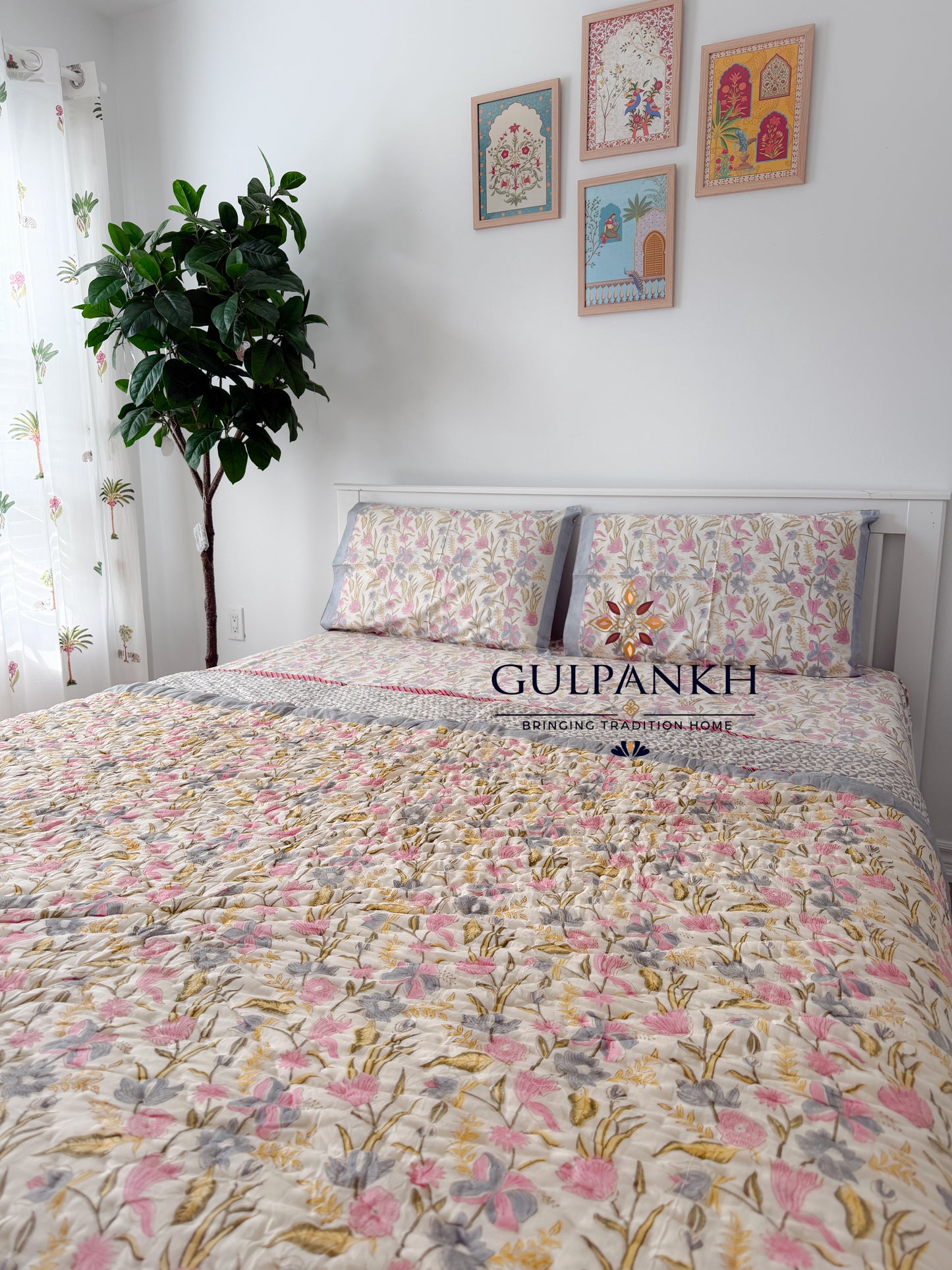 Hand Block Printed Cotton Bedding Set with Quilt - Blush Meadow Luxe | Gulpankh Canada