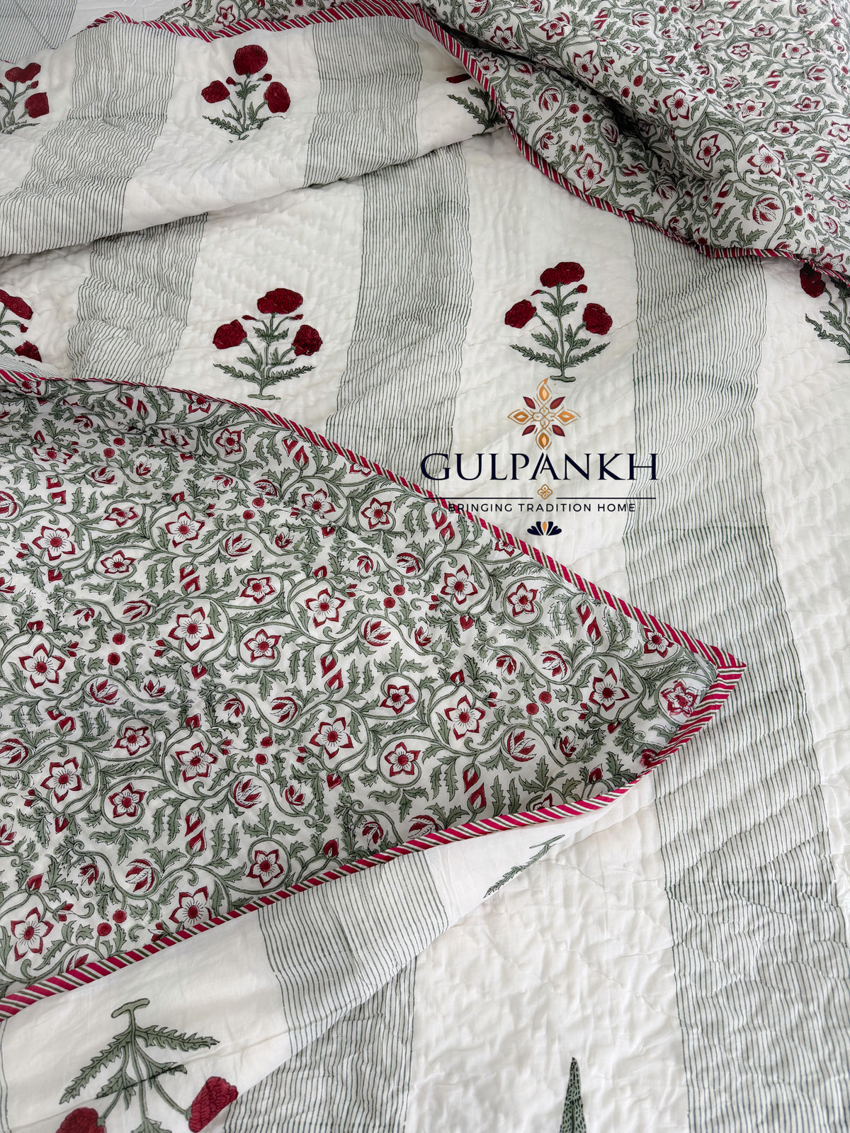 Hand Block Printed Cotton Bedding Set with Quilt - Gulnaar Cypress | Gulpankh Canada