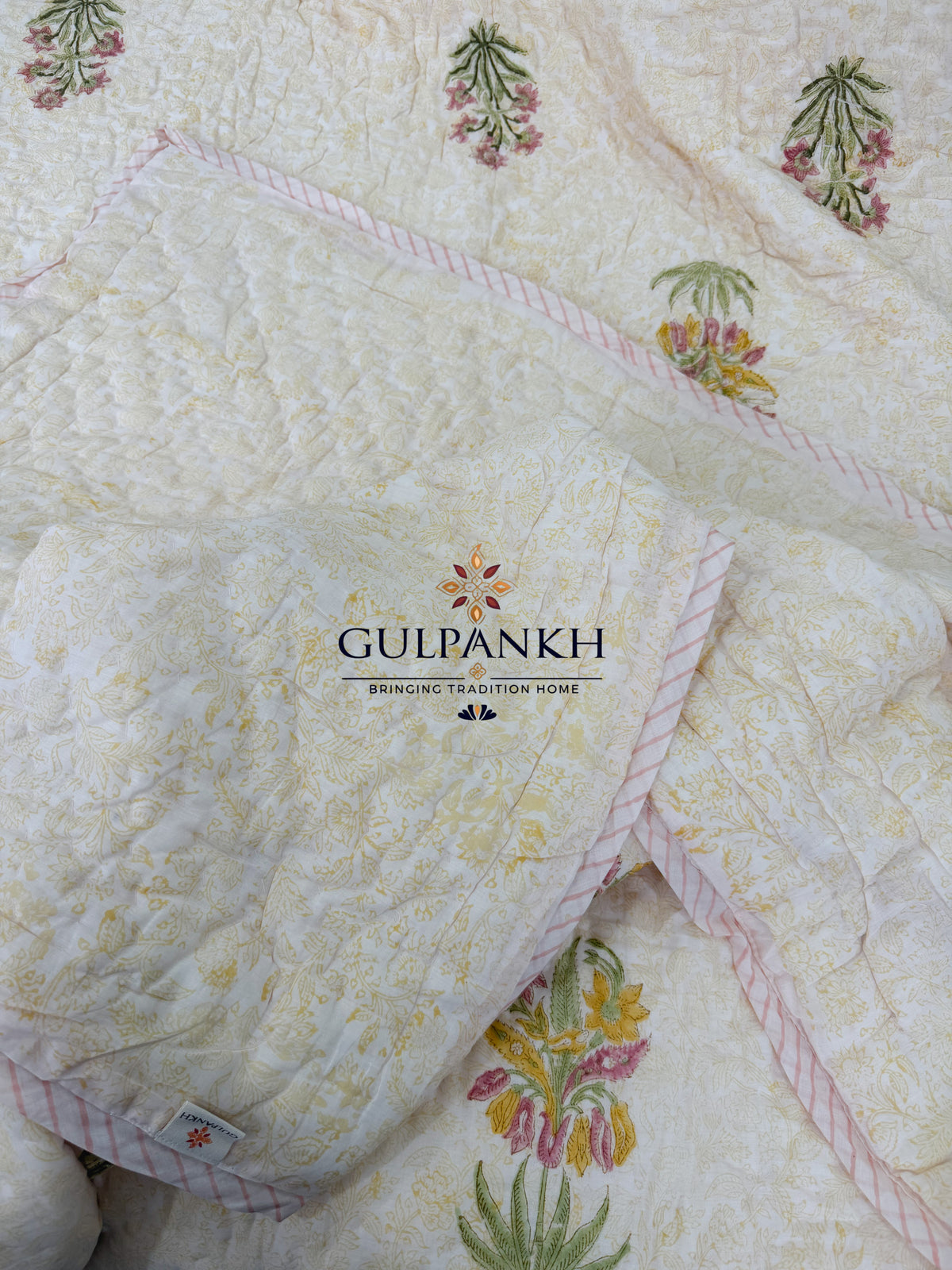 Hand Block Printed Reversible Cotton Quilt - Sunlit Blossom | Gulpankh Canada