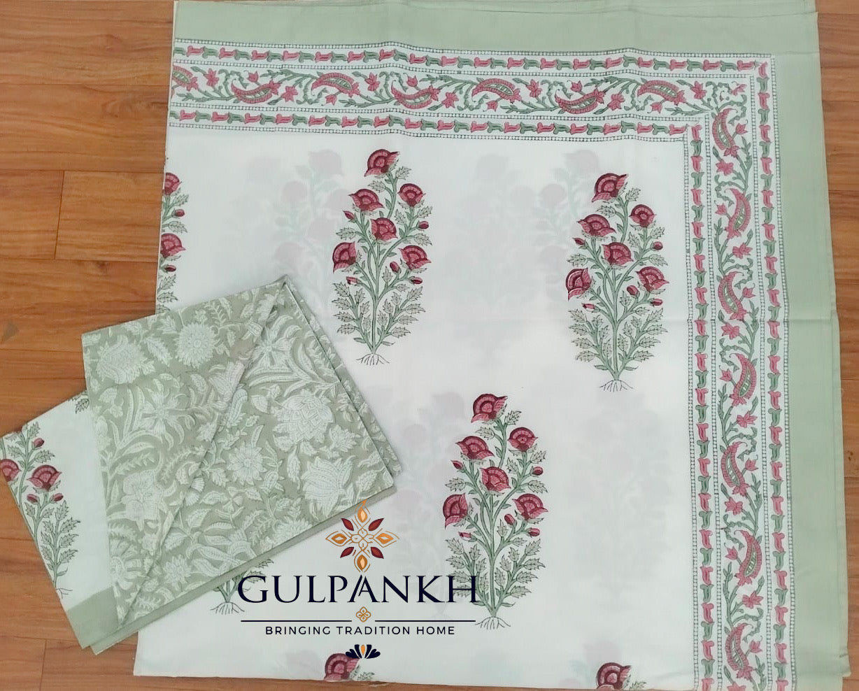 Hand Block Printed King Fitted Bedsheet - Gul Mint Aangan | Gulpankh Canada