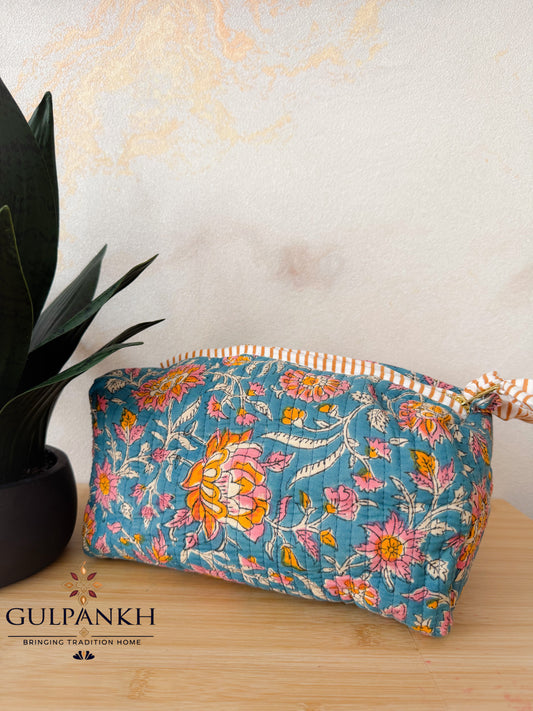 Hand Block Printed Quilted Vanity Bag – Teal Rose Garden | Gulpankh Canada