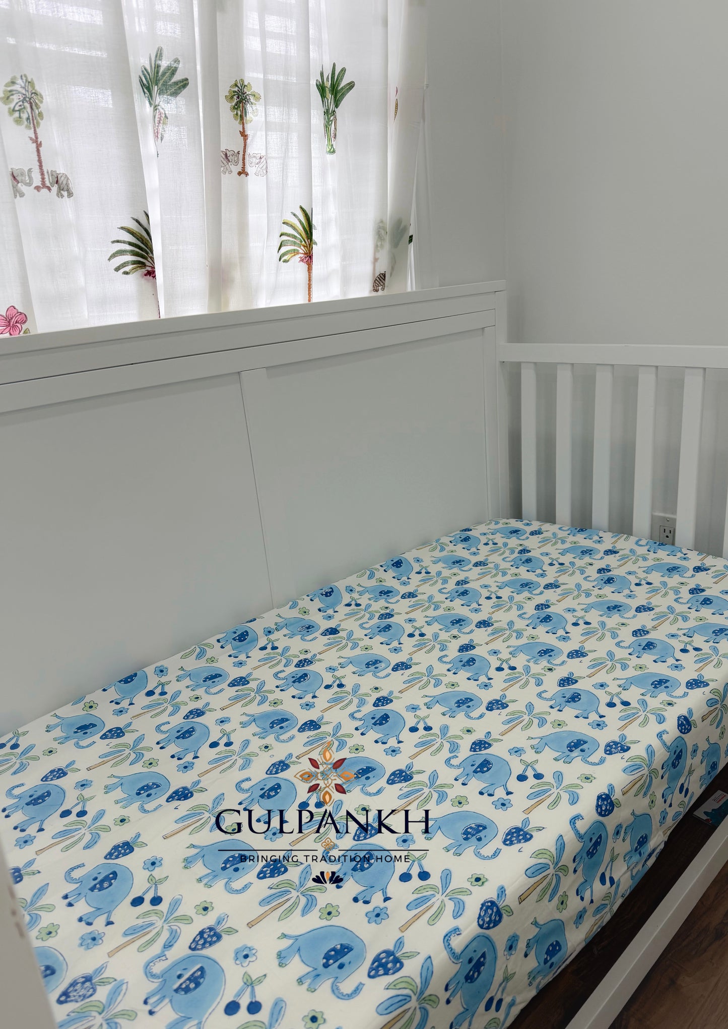 Hand Block Printed Crib Sheet Fitted - Blue Elephant Bloom | Gulpankh Canada