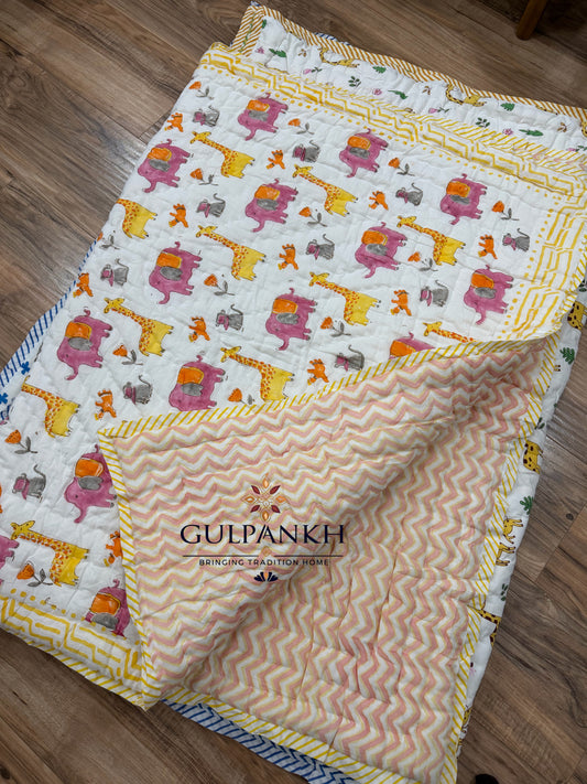 Pink Safari Parade Kids Cotton Quilt – Hand Block Printed Kids Bedding | Gulpankh Canada