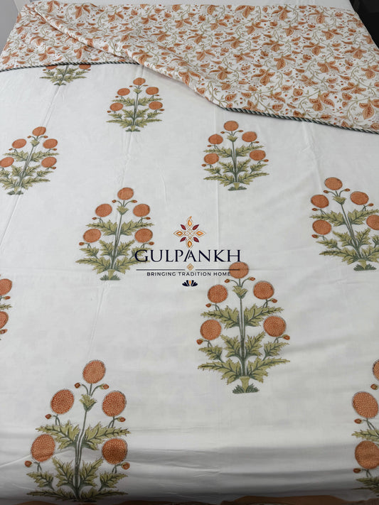 Hand Block Printed Mulmul Cotton Dohar - Golden Marigold Grove | Gulpankh Canada