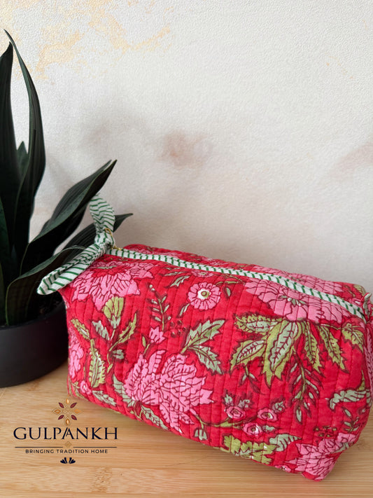 Hand Block Printed Quilted Vanity Bag – Ruby Blossom Garden | Gulpankh Canada