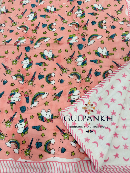 Hand Block Printed Mulmul Cotton Kids Dohar - Rainbow Unicorn Wishes | Gulpankh Canada