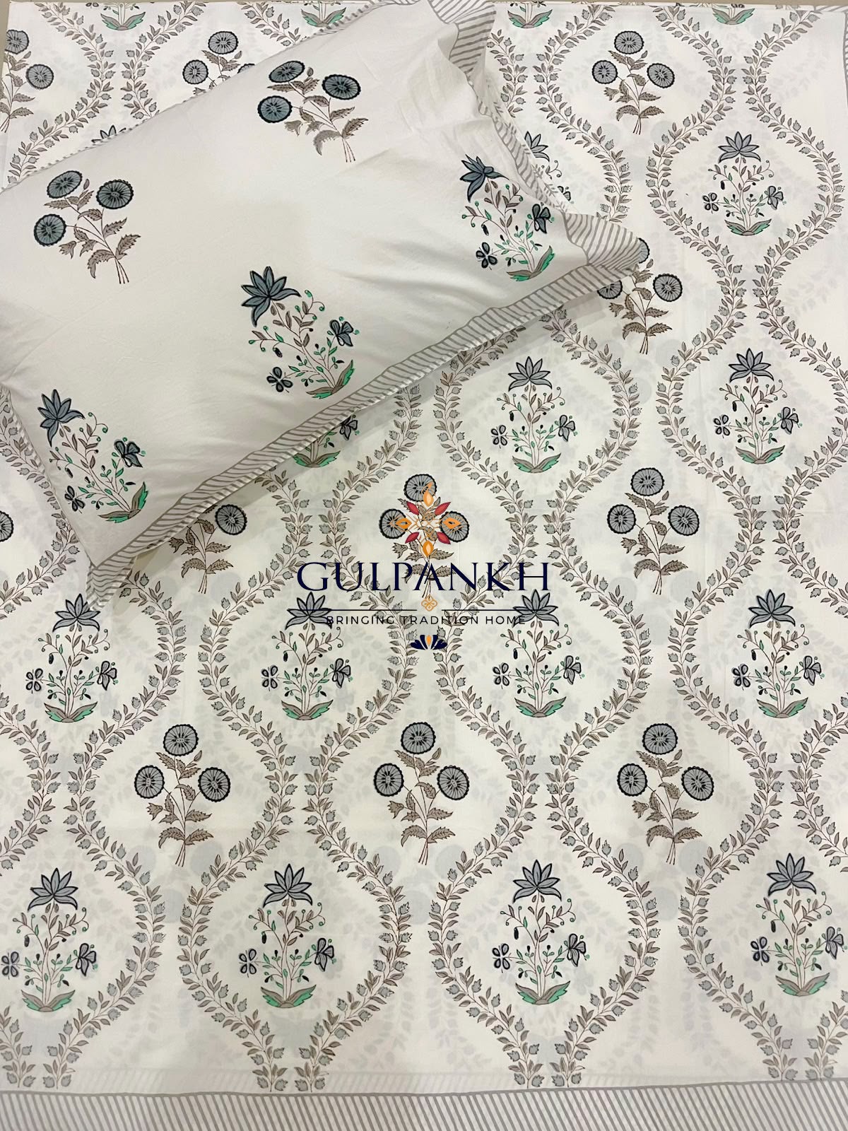 Hand Block Printed 100% Cotton King Fitted Bedsheet – Misty Botanical Vine | Gulpankh Canada