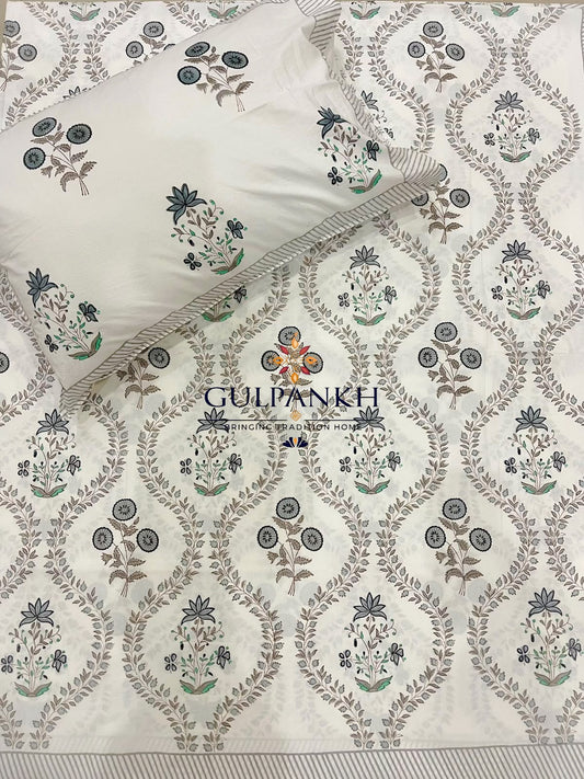 Hand Block Printed 100% Cotton King Fitted Bedsheet – Misty Botanical Vine | Gulpankh Canada