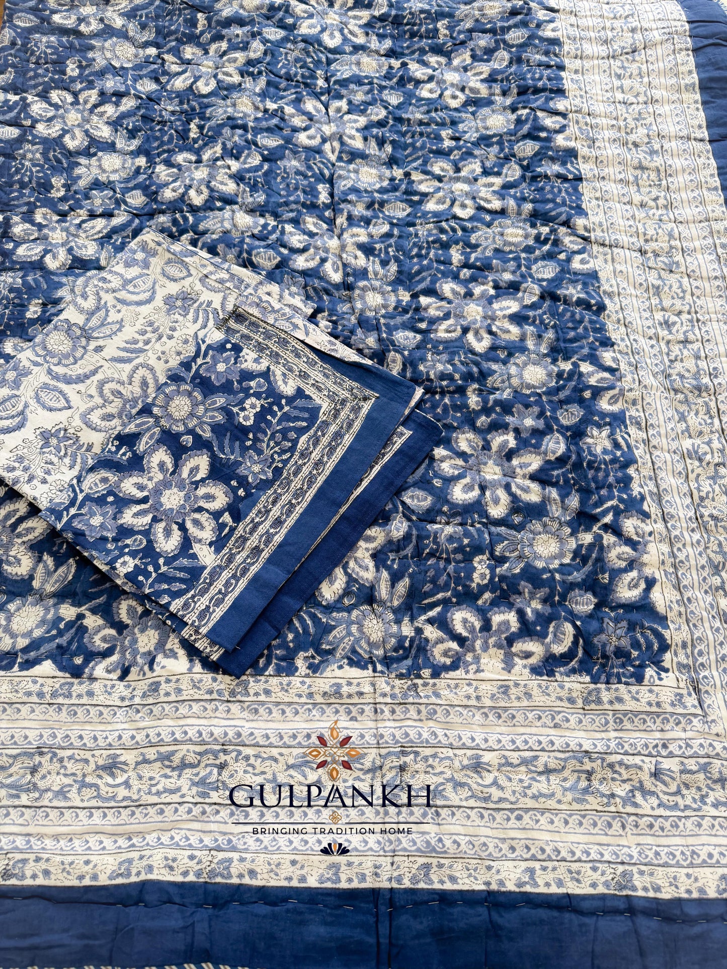 Hand Block Printed Cotton Quilt - Indigo Heritage Bloom | Gulpankh Canada