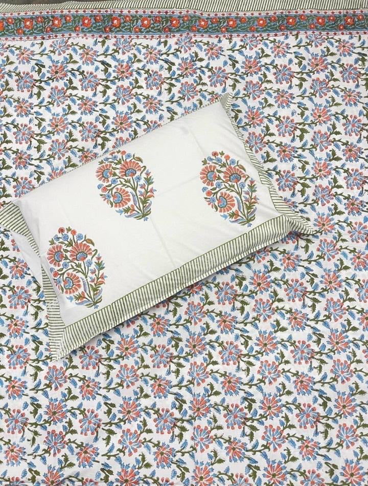 Hand Block Printed Super King Flat Bedsheet - Sky Blossom Vine | Gulpankh Canada