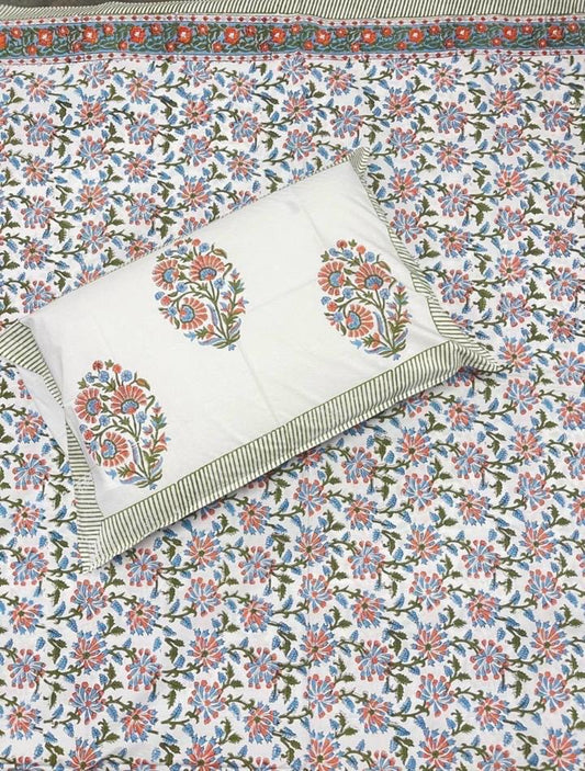 Hand Block Printed Super King Flat Bedsheet - Sky Blossom Vine | Gulpankh Canada