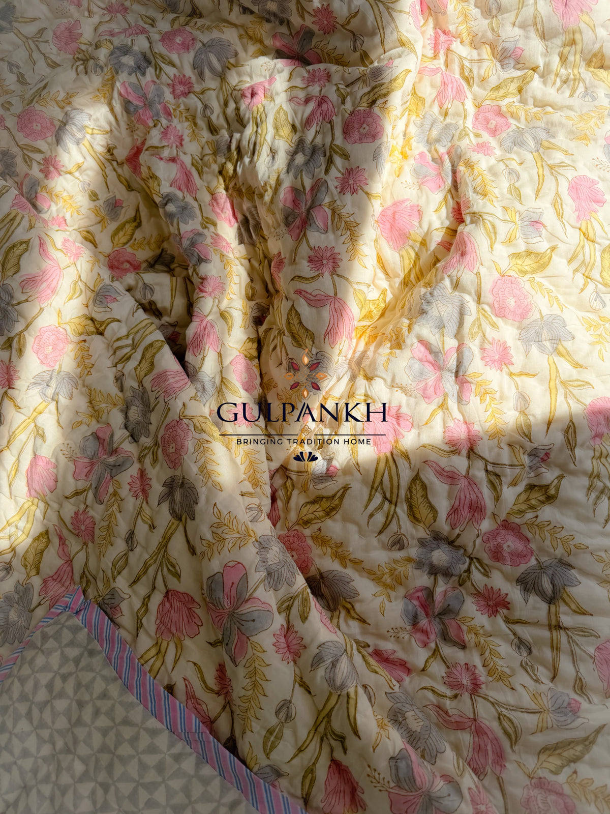 Hand Block Printed Reversible Cotton Quilt - Gulabi Sheen | Gulpankh Canada