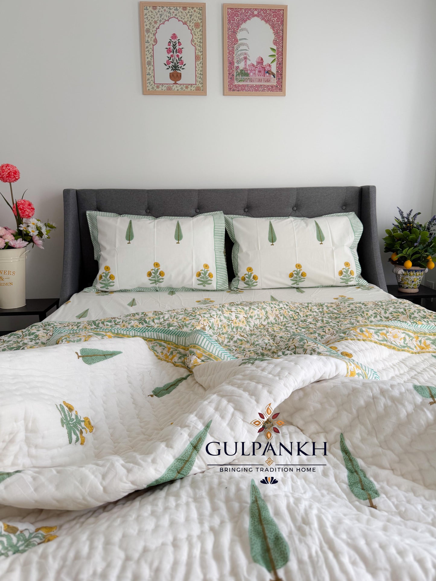 Botanical Meadow Hand Block Printed Cotton Bedding Set with Quilt | Gulpankh Canada