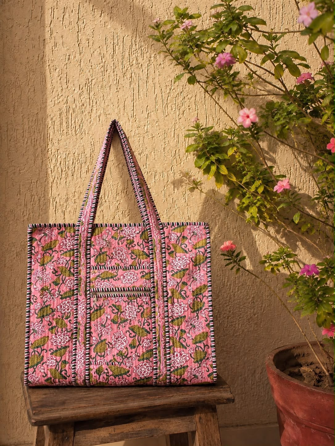 Hand Block Printed Quilted Tote Bag – Pink Garden | Gulpankh Canada