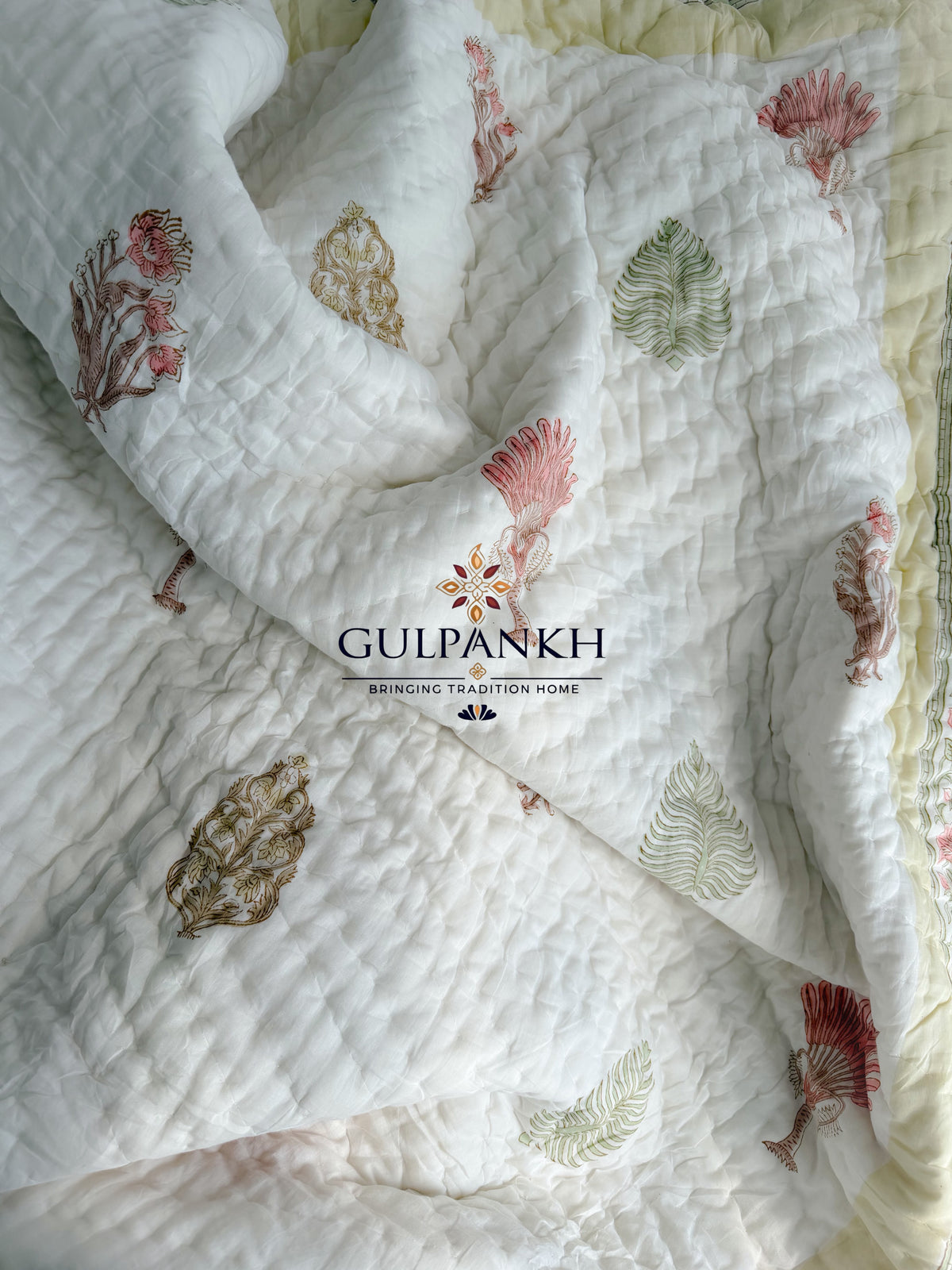 Hand Block Printed Reversible Cotton Quilt - Blush Meadow | Gulpankh Canada