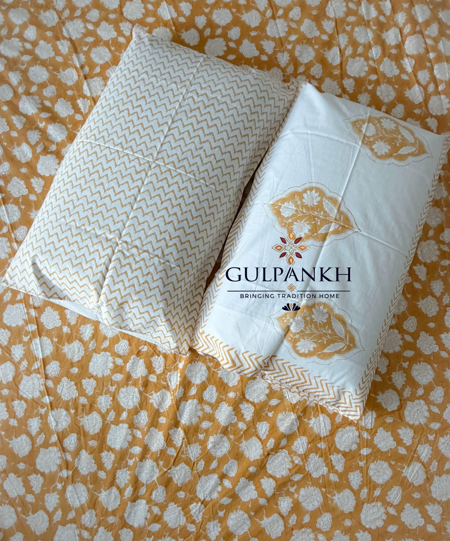 Hand Block Printed Queen Fitted Bedsheet - Gul Zard Mahal | Gulpankh Canada