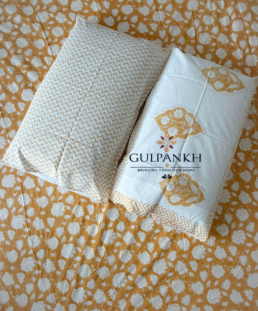Hand Block Printed Queen Fitted Bedsheet - Gul Zard Mahal | Gulpankh Canada