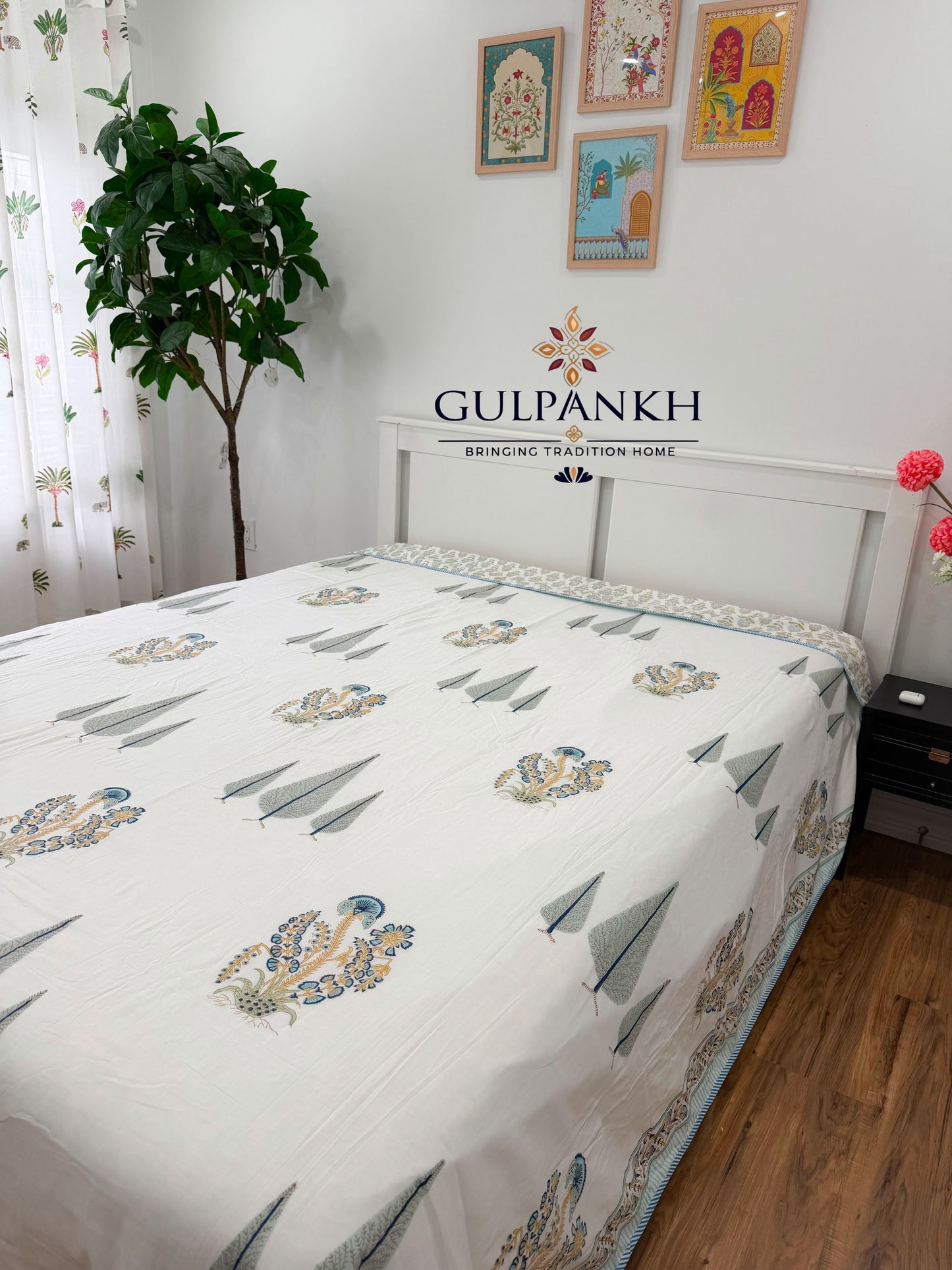 Hand Block Printed Mulmul Cotton Dohar - Neel Vriksha Blossom| Gulpankh Canada