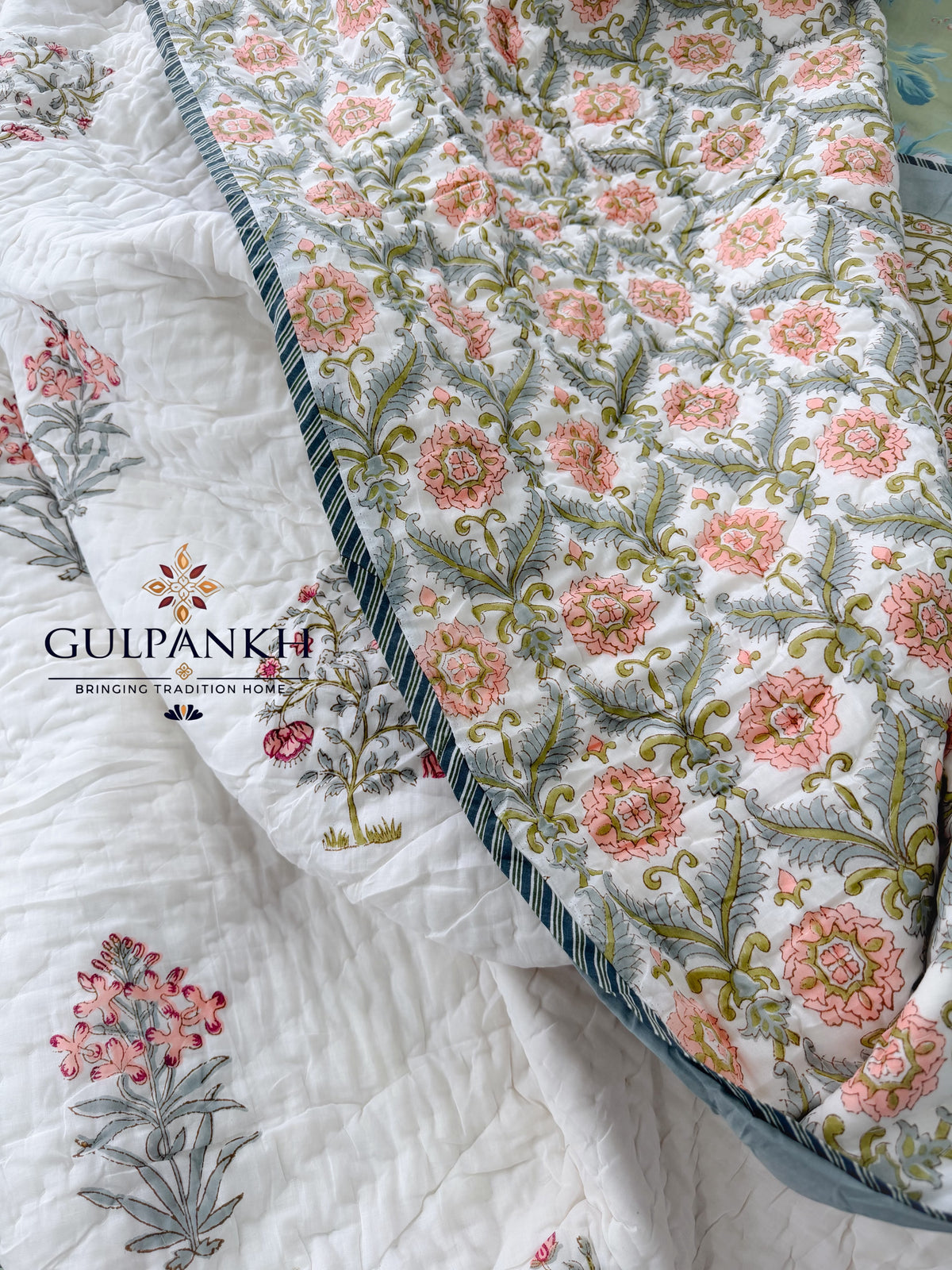 Hand Block Printed Reversible Cotton Quilt - Gulshan-e-Noor | Gulpankh Canada