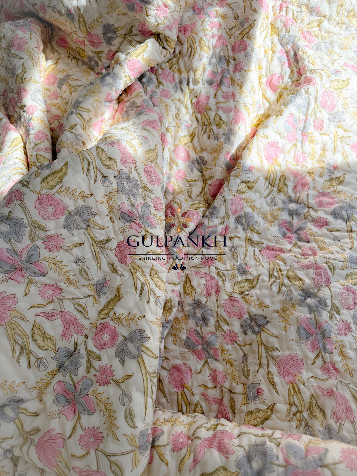 Hand Block Printed Reversible Cotton Quilt - Gulabi Sheen | Gulpankh Canada