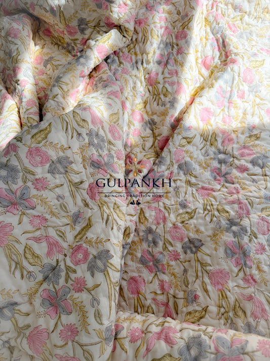 Hand Block Printed Reversible Cotton Quilt - Gulabi Sheen | Gulpankh Canada