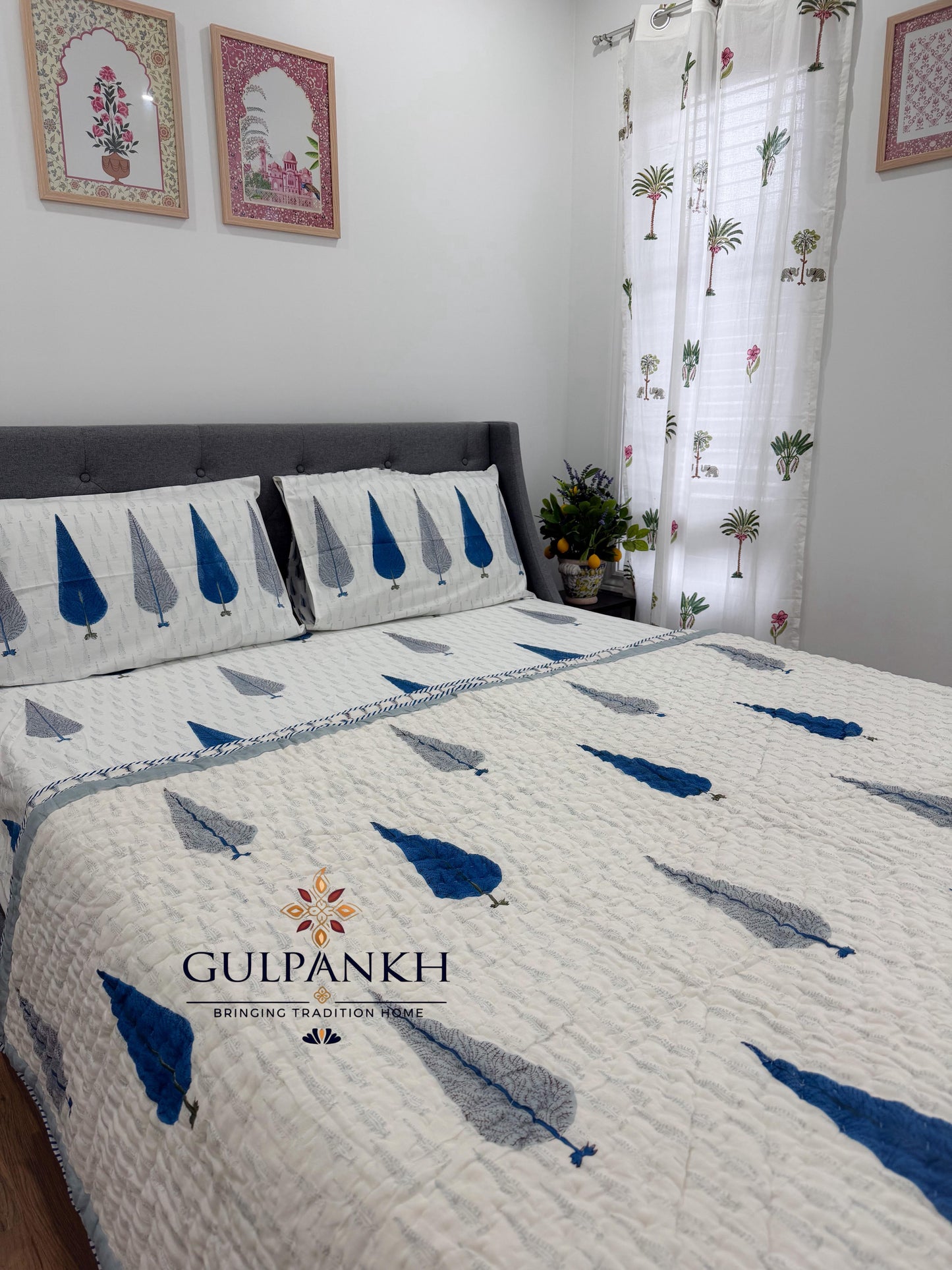 Hand Block Printed Cotton Bedding Set with Quilt - Indigo Leaf | Gulpankh Canada