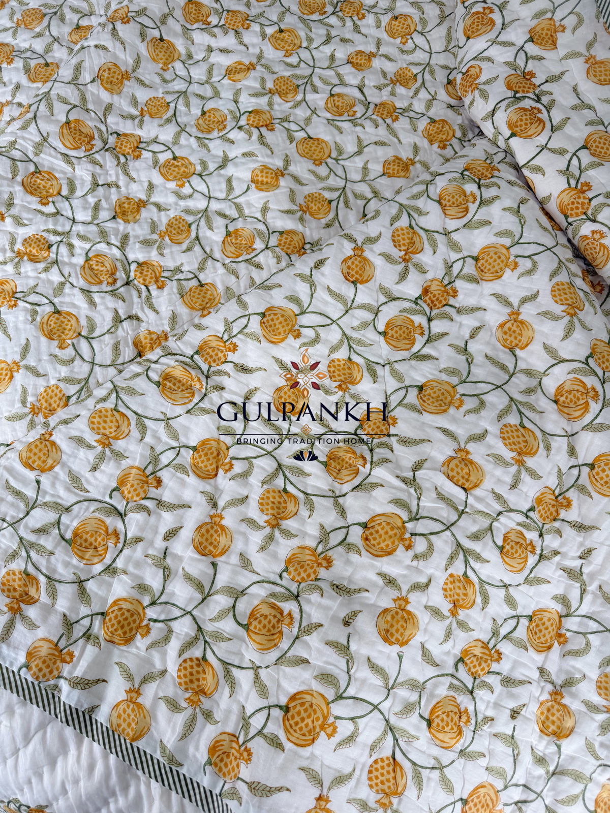 Hand Block Printed Reversible Cotton Quilt - Golden Pomegranate | Gulpankh Canada