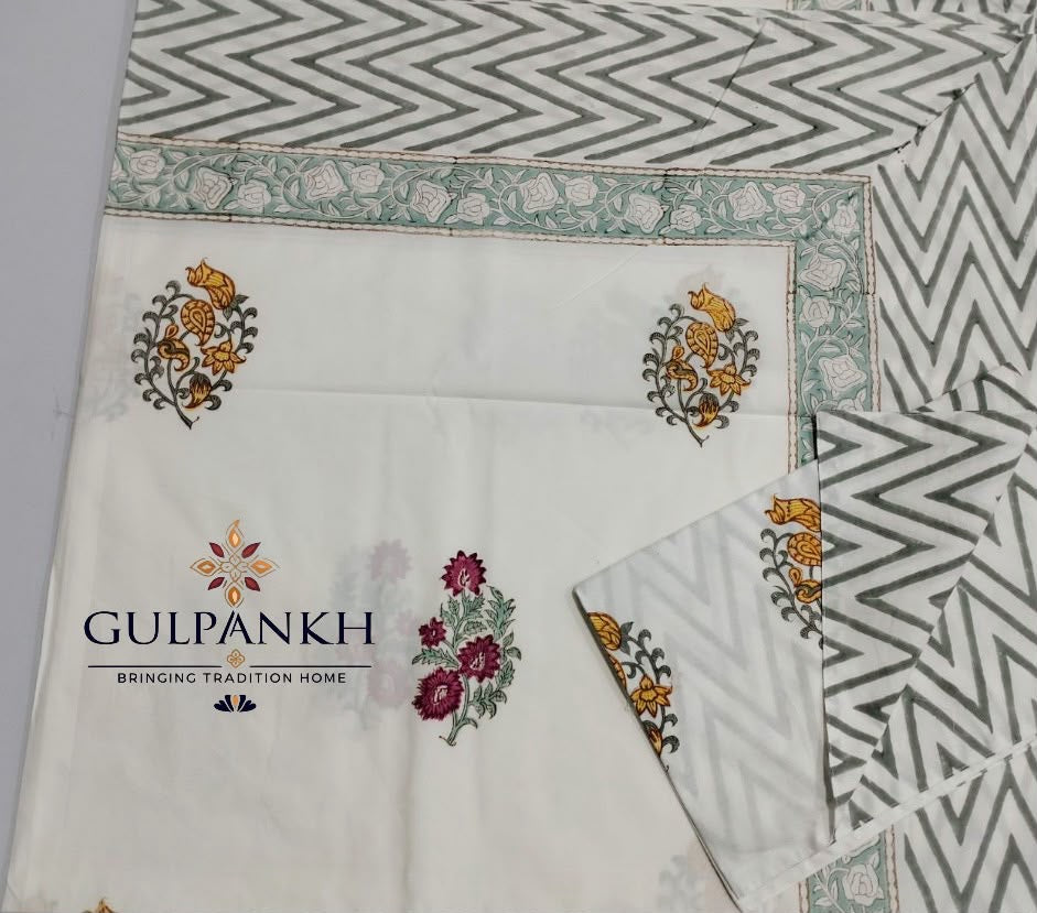 Hand Block Printed King Fitted Bedsheet - Gulabi Sunehri Vatika | Gulpankh Canada