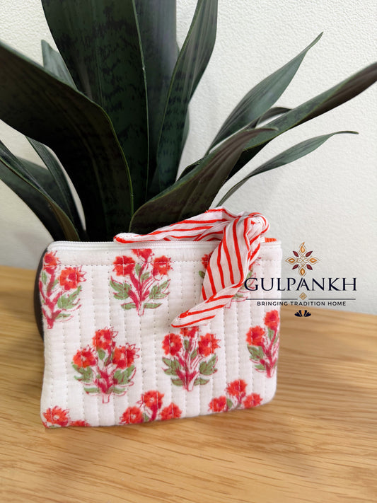Hand Block Printed Quilted Flat Pouch – Scarlet Blossom | Gulpankh Canada