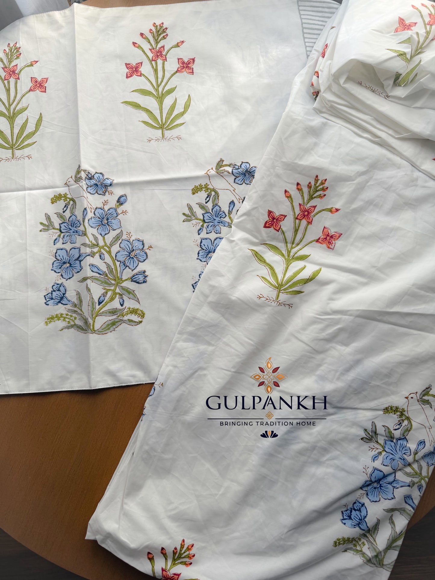 Hand Block Printed King Fitted Bedsheet - Neel Gulabi Botanica | Gulpankh Canada