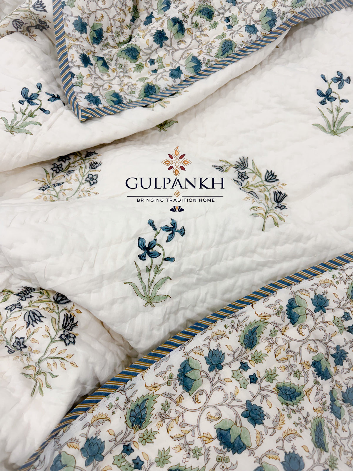 Hand Block Printed Reversible Cotton Quilt - Sage Gul Bahaar | Gulpankh Canada