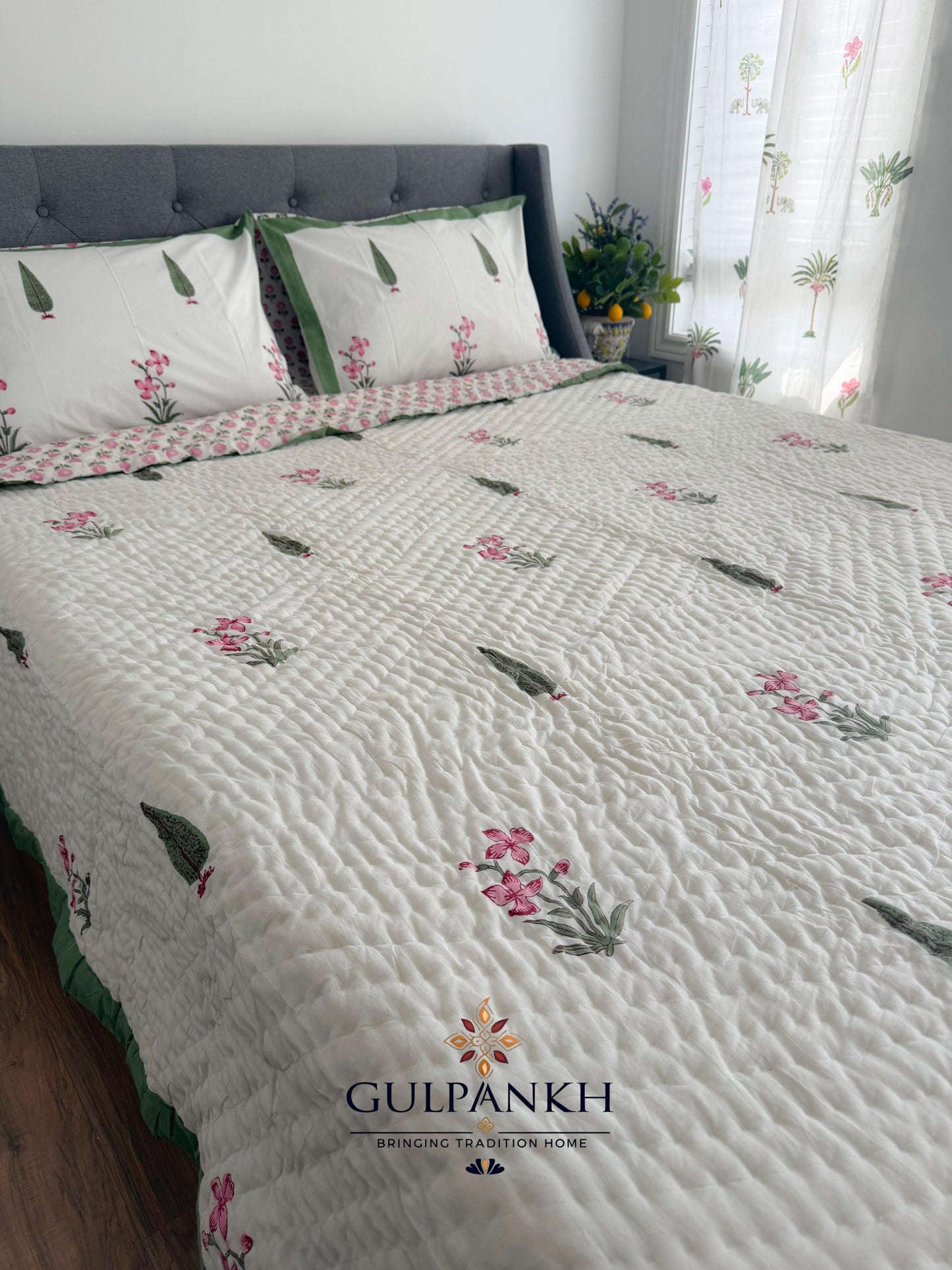 Rose Garden Hand Block Printed Cotton Quilt | Gulpankh Canada