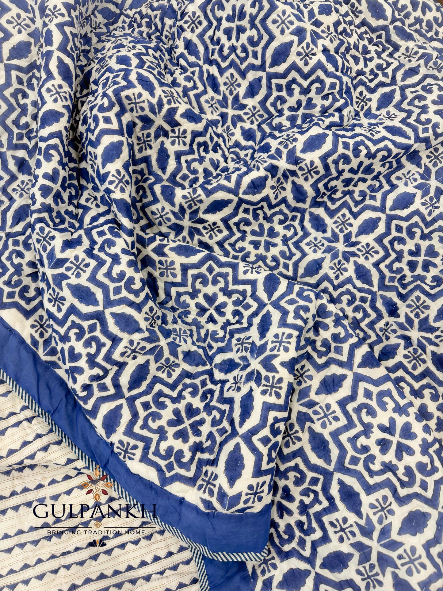 Reversible Hand Block Printed Cotton Quilt - Neel Jharokha | Gulpankh Canada