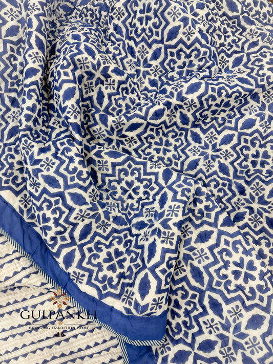 Reversible Hand Block Printed Cotton Quilt - Neel Jharokha | Gulpankh Canada