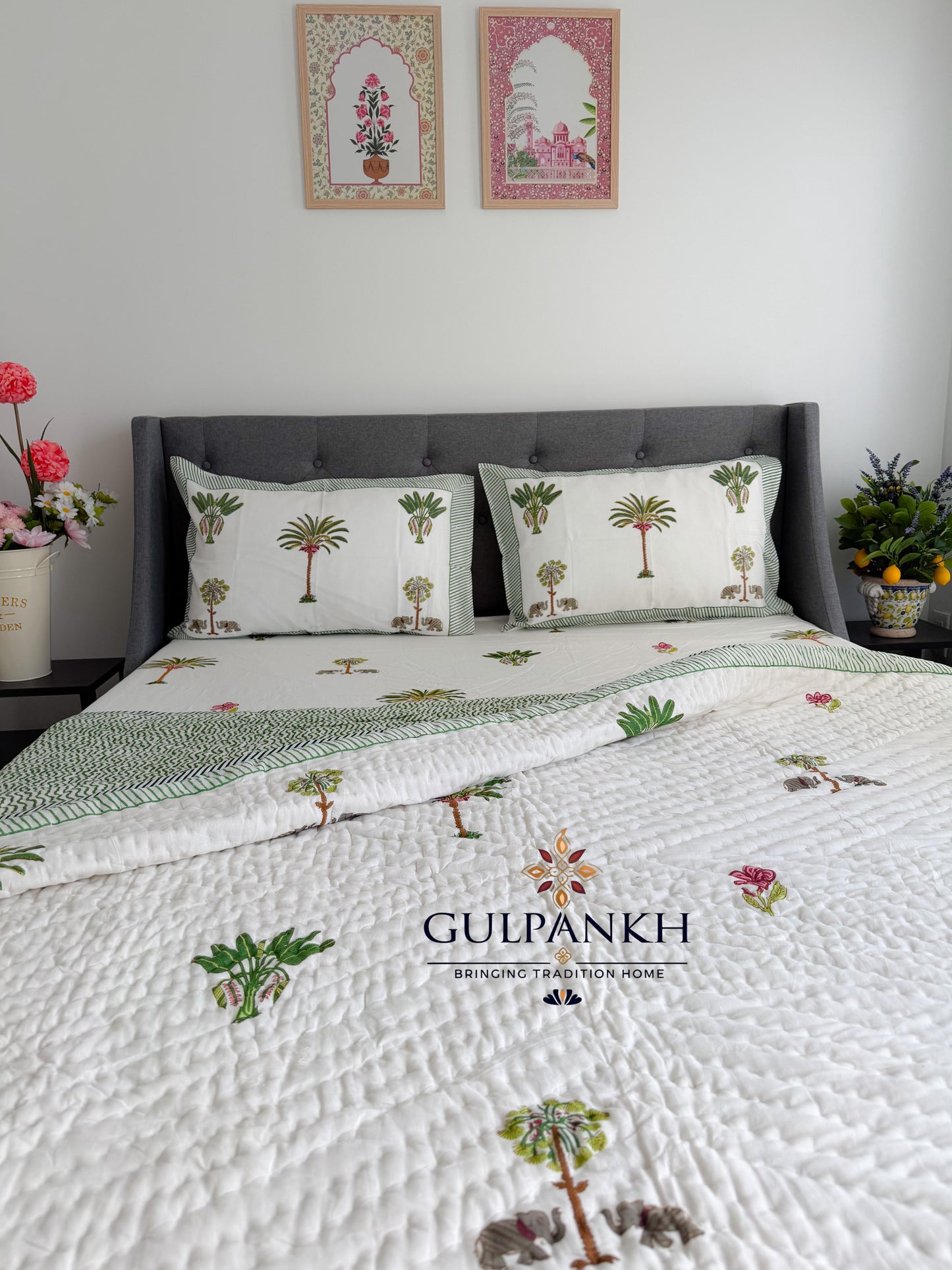 Royal Palm Garden Hand Block Printed Cotton Bedding Set with Quilt | Gulpankh Canada